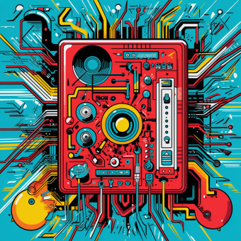 een illustratie van een elektrisch circuit, pop art style, erg kleurig.