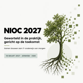 visual van NIOC 2027 met de ondertitel Geworteld in de praktijk, gericht op de toekomst en de afbeelding van een boom die verandert in pixels.